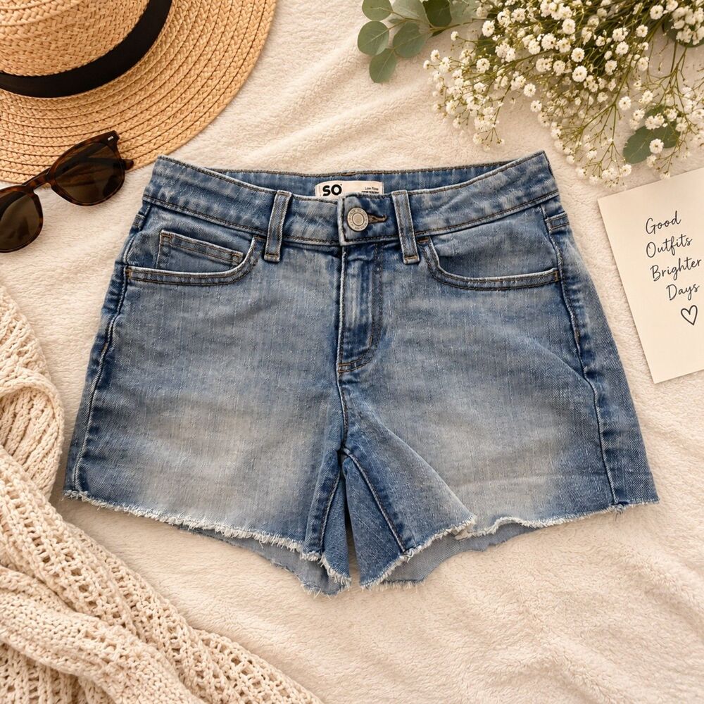 SO Low Rise Midi Denim Shorts Raw Frayed Hem Blue Size 7/28W